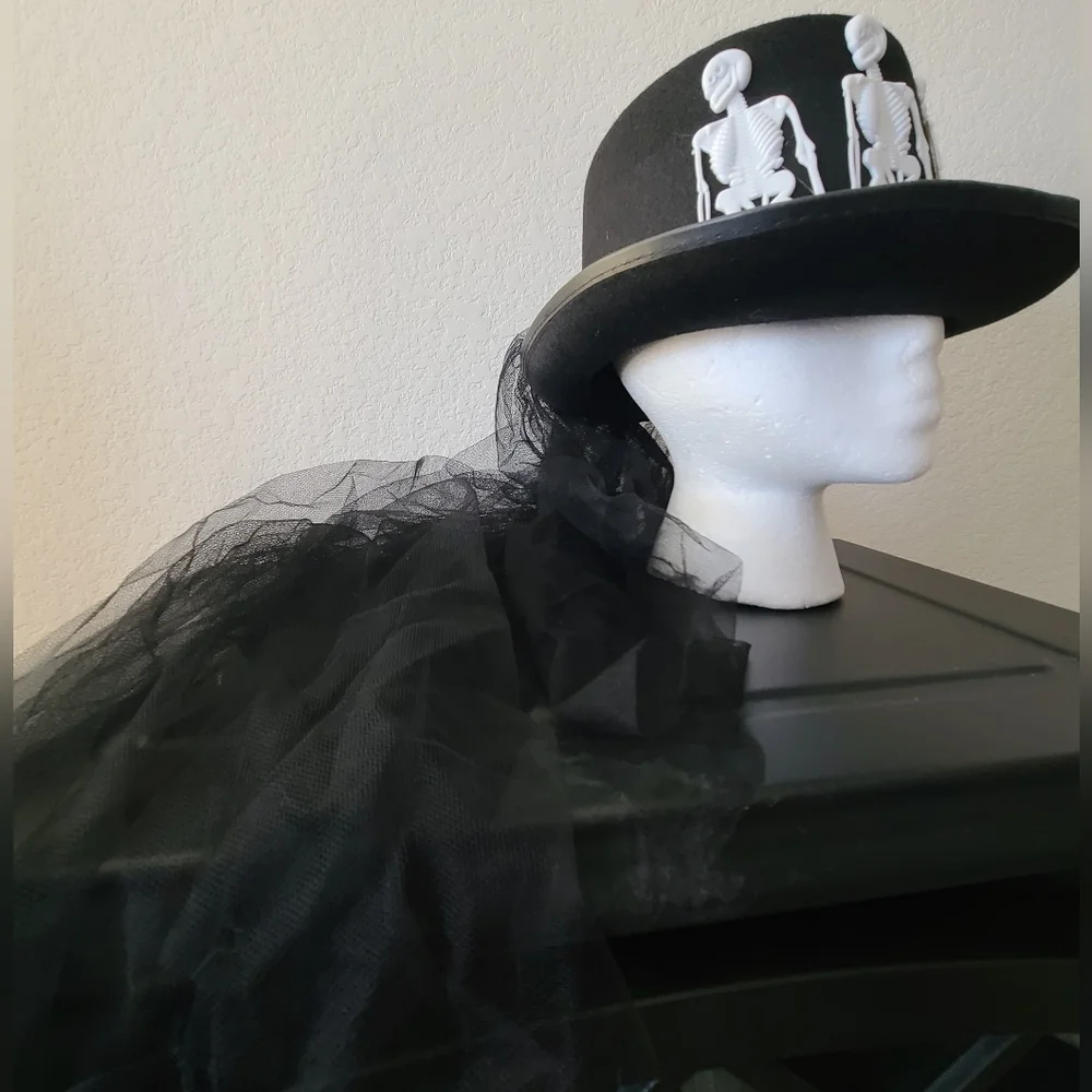 Steampunk Skeleton blk Top Hat W/ Long Veil Adult o/s